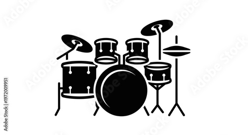 Black drum kit silhouette, musical instrument, percussion set with cymbals