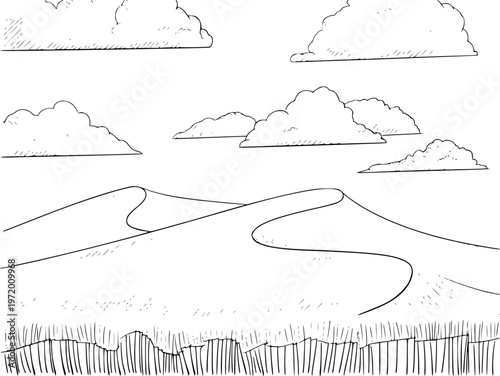 Hand drawn of rolling sand dunes under a cloudy sky with sparse vegetation desert