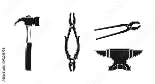 Blacksmith Tools Silhouette: Hammer, Pliers, Tongs, Anvil - Isolated Vector Art