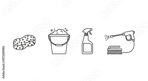 Car Wash Icons: Sponge, Bucket, Spray Bottle, Pressure Washer & Brush