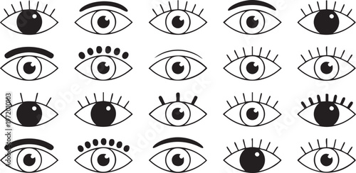 Eye vision icon set with pupil iris and visibility symbols