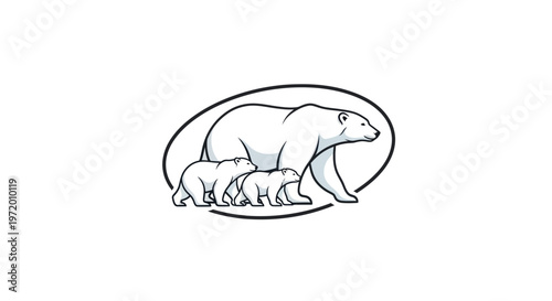 Polar bear family illustration, mother and cubs, arctic wildlife, clean vector art