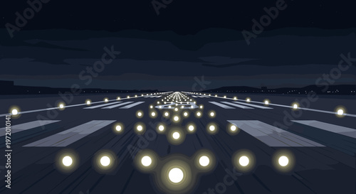 An illuminated airport runway at night, with numerous bright lights guiding the path for aircraft operations.