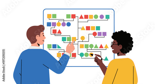 Two diverse people analyzing a colorful family tree diagram on a whiteboard, illustrating genealogy and relationships