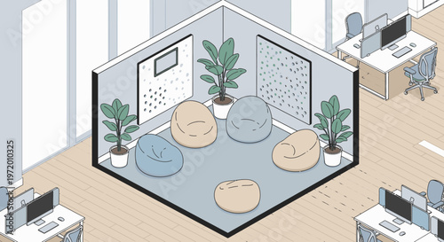 Modern office break room with beanbag chairs and plants, isometric view, surrounded by workstations