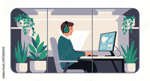 Young man wearing headphones working on computer in a modern office cubicle surrounded by plants
