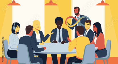 Diverse group of people in a business meeting, discussing ideas around a conference table with an infinity symbol