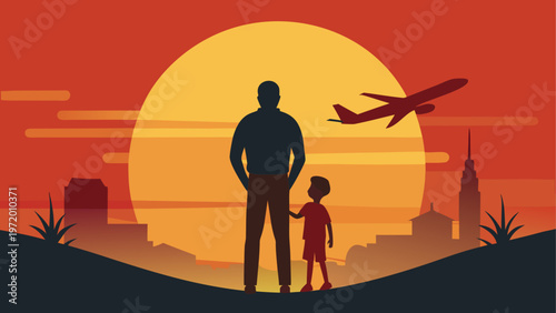 A man and a child watching a plane fly over a city at sunset