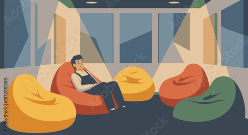 Man enjoying a comfortable break on a red bean bag chair in a modern, colorful office lounge, ideal for relaxation, casual work, or creative thinking.