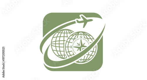 Travel Agency Logo Featuring Airplane, Globes, and Compass Design.