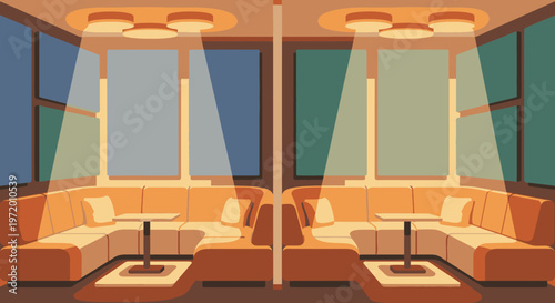 Modern lounge area with booth seating, tables, and ambient lighting, symmetrical design