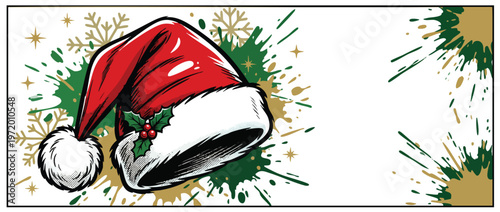Christmas Santa Hat with Holly and Berries on Festive Splatter Background