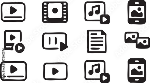 Modern multimedia icons with playback controls and media symbols