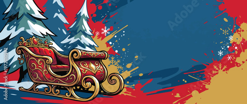 Christmas Sleigh Corner Composition with Abstract Background Vector