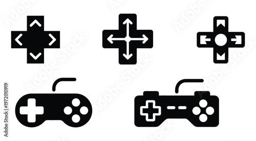 Black game controllers and directional pads in a dark silhouette, classic video game console symbols, gaming icons set, minimalist flat design