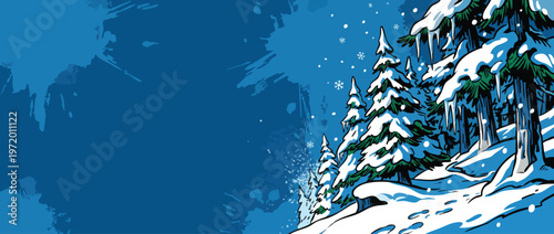 Christmas Snowy Pine Forest with Falling Snowflakes and Iicles