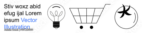 E-commerce, innovation, renewable energy, shopping, creativity, digital trends. Minimalistic icons of a light bulb, shopping cart circular arrow with text. E-commerce and innovation concepts