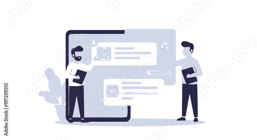 Two Business Professionals Reviewing Social Media Messages on Tablet.