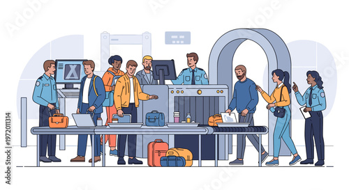 Passengers and security personnel at an airport checkpoint with X-ray machines, metal detectors, and luggage on conveyor belts.
