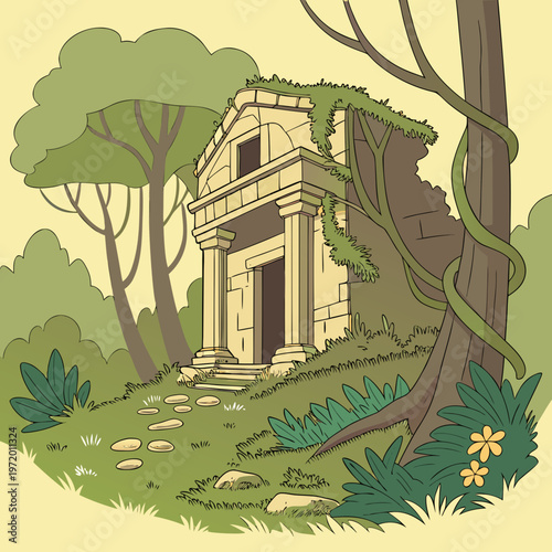Ancient stone mausoleum ruin with columns jungle vines overgrown entrance stairs stone pathway surrounded by trees.
