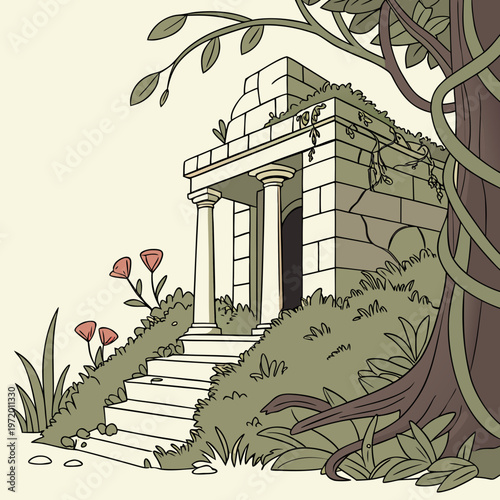 Ancient stone structure ruin overgrown with plants entrance steps stone pathway lush greenery trees surrounding doorway.