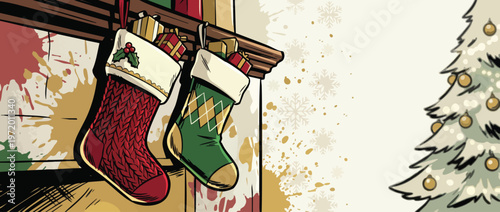 Christmas Stockings Hanging on Mantlepiece with Gifts and Christmas Tree