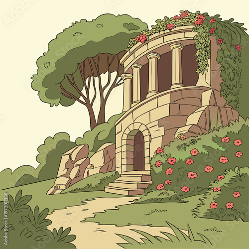 Ornate stone gazebo ruins on hillside with red roses and columns in lush garden landscape featuring comic art style illustration and walking path.