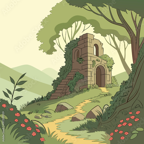Ancient ruin overgrown with ivy and trees, small path leading to old stone structure, mountains in background, peaceful nature scene.