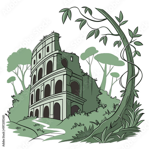 Iconic coliseum ruin surrounded by lush green trees and natural landscape, winding path leads to ancient roman structure.