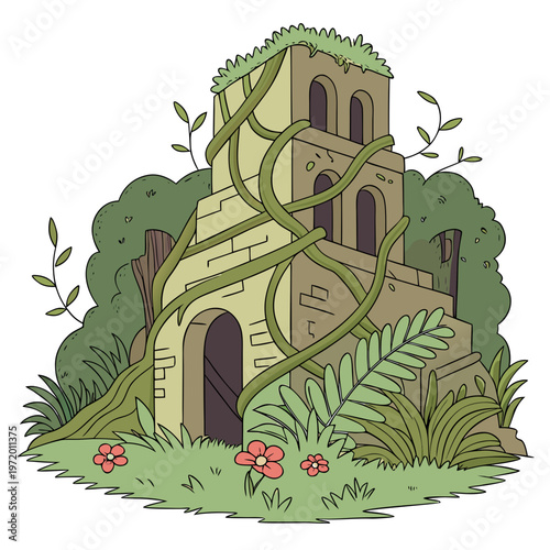 Ancient tower ruin covered in creeping vines and surrounded by lush green foliage, pathway leads to old archway entrance.