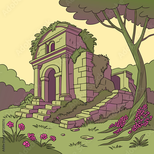 Ancient stone tomb surrounded by lush foliage and vibrant pink flowers, large tree beside overgrown historical structure.