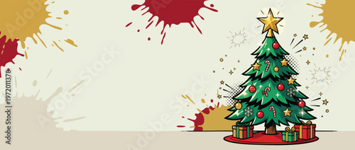 Christmas Tree with Comic Bursts and Gifts Festive Illustration