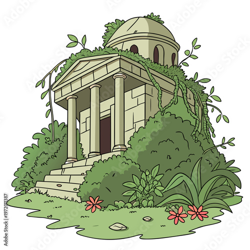 Ancient stone temple with classical columns covered in green plants and vines, steps leading up to entrance with flowers.