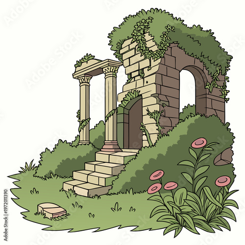 Dilapidated ancient stone structure with arched doorways and broken columns overgrown by plants and vines.
