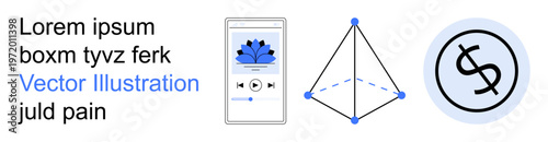 Financial technology, user interface, data visualization, economy, modern design, digital media. Abstract shapes with a smartphone interface, pyramid outline and dollar icon. Financial technology