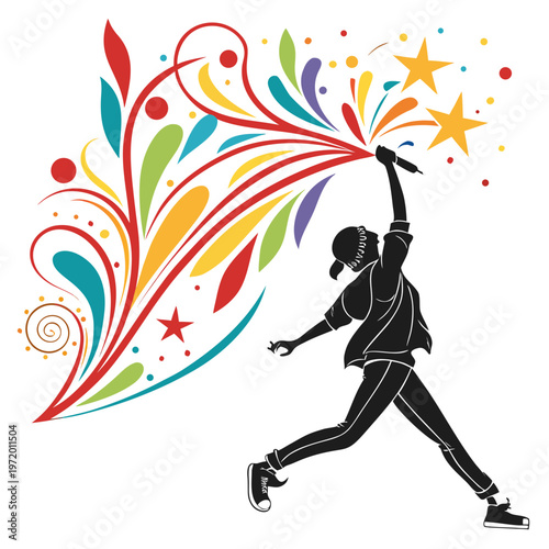 Energetic figure with cap sprays vivid abstract fireworks and stars, signifying vibrant performance and dynamic visual artistic expression.