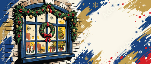 Christmas Window with Decorative Garland Wreath and Festive Inner Scene