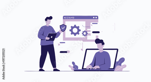 Two Developers Collaborating on Software Project with Laptop.