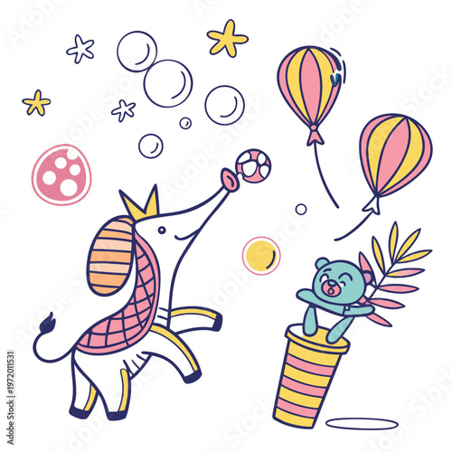 Whimsical circus animals featuring a cartoon elephant with crown playing with a ball bubbles balloons and a teddy bear in a cup playful illustration.