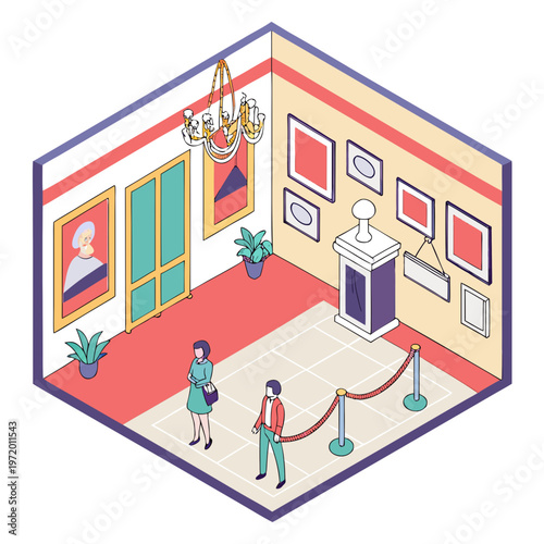 Isometric art gallery interior with paintings on walls and people viewing exhibits in a spacious museum hall with a chandelier and plants.