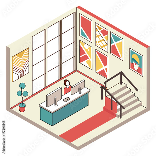 Museum reception area with abstract art on walls, information desk with computers, and stairs leading to upper level, a visitor standing nearby.