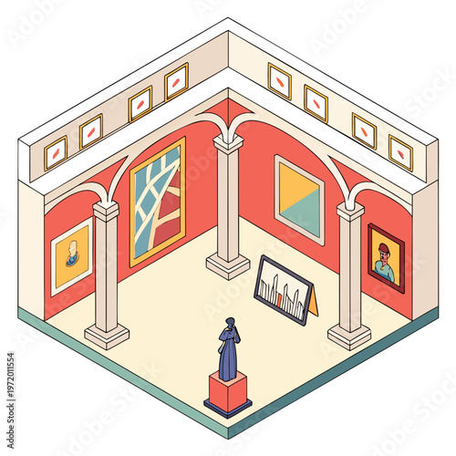 Art gallery interior with classical columns, archways, paintings on walls, and sculptures on pedestals, showcasing cultural heritage and artistic beauty.