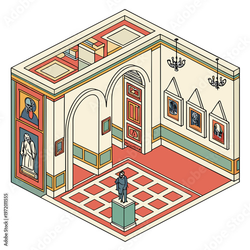 Museum interior with classical paintings on walls and statues on pedestals, showcasing historical art within an ornate architectural space with chandeliers.