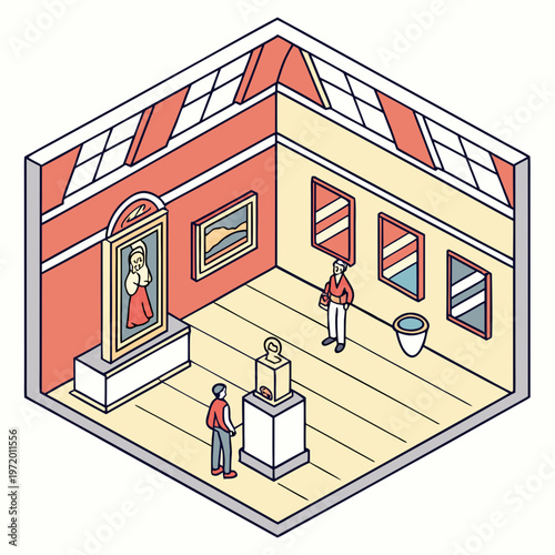 Art exhibition in a modern museum hall, visitors observing abstract paintings and sculptures displayed on pedestals and walls with large windows.