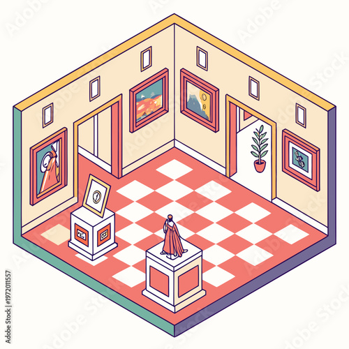 Isometric art gallery interior with orange checkered floor and various classical paintings on beige walls featuring sculptures on white pedestals.