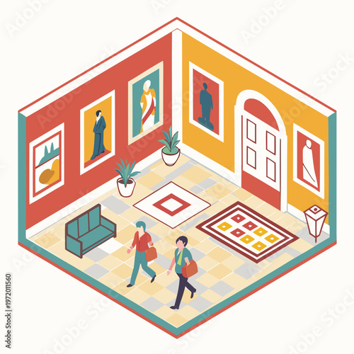 Modern museum hall interior illustration with red and yellow walls featuring diverse portraits and visitors walking through the exhibition space.