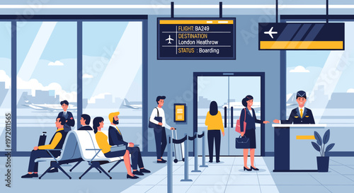 Passengers waiting at an airport boarding gate with an airline employee, flight information screen, and a view of an airplane.