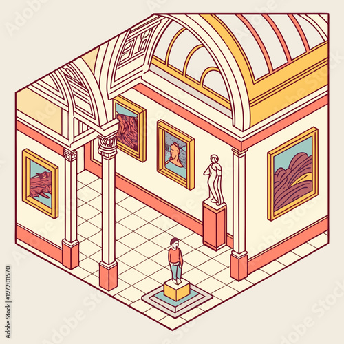 Isometric interior of a classic art gallery with vaulted ceilings, large arched windows, paintings on walls, and sculptures on pedestals.