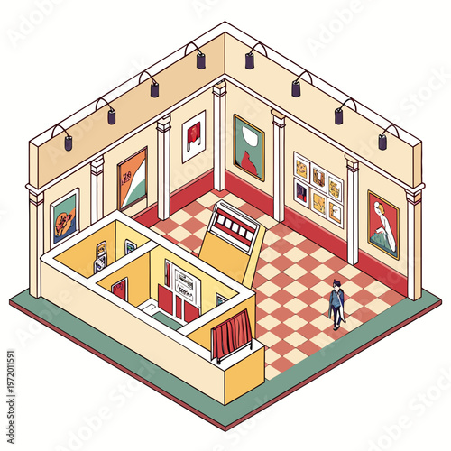 Spacious art museum floor plan view featuring multiple gallery rooms with checkered tiles and spotlights highlighting various paintings and visitor.