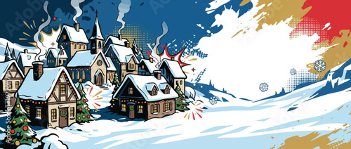 Christmas Winter Village Scene with Snow Covered Houses and Festive Decorations